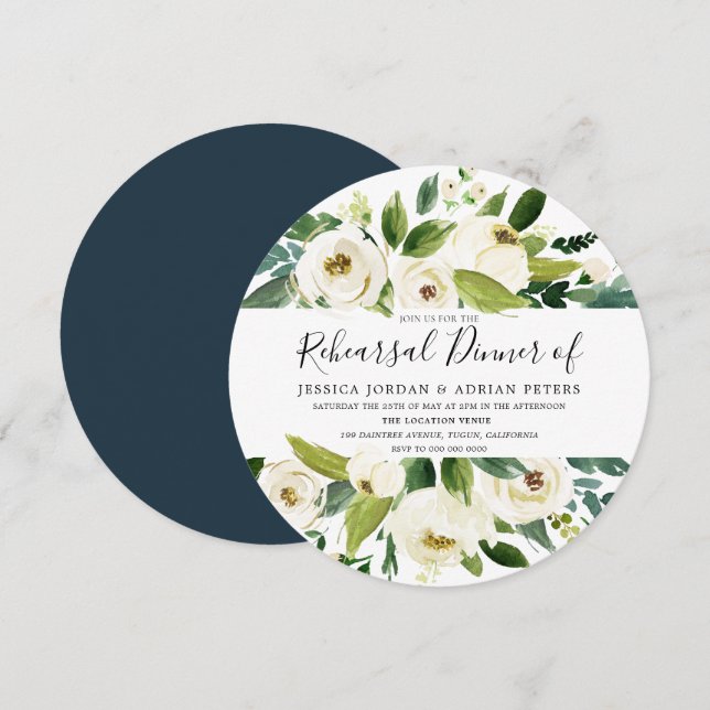 Invitación a la cena de un ensayo floral blanco de (Anverso / Reverso)
