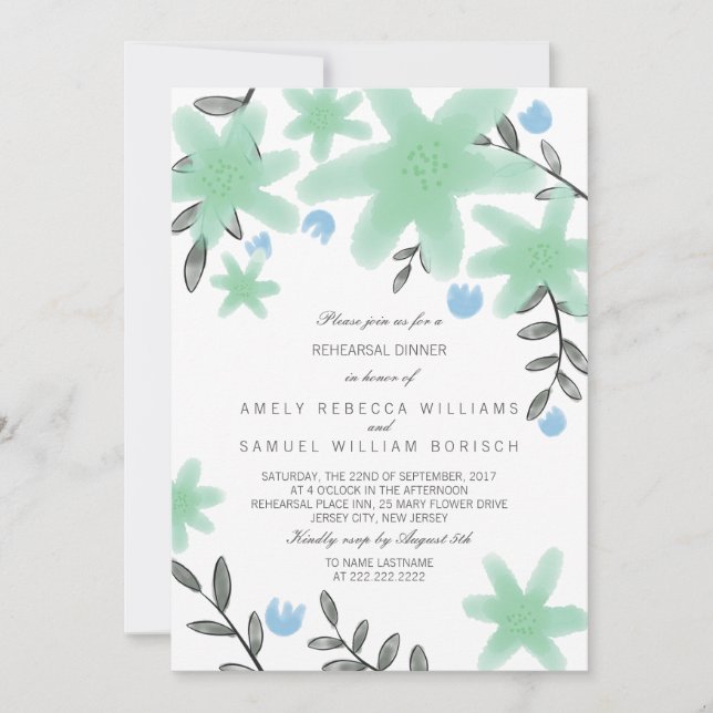 Invitación a la cena de un ensayo floral verde de  (Anverso)