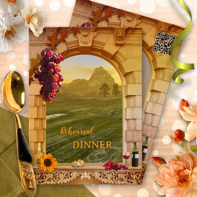 Invitación a la cena del ensayo de casamiento de v (A classic Rehearsal Dinner invitation showing an Italian style landscape with a Roman arch and wine)