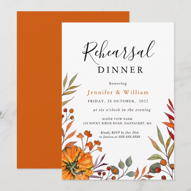 Invitación a la cena del ensayo de la boda de otoñ (Anverso / Reverso)