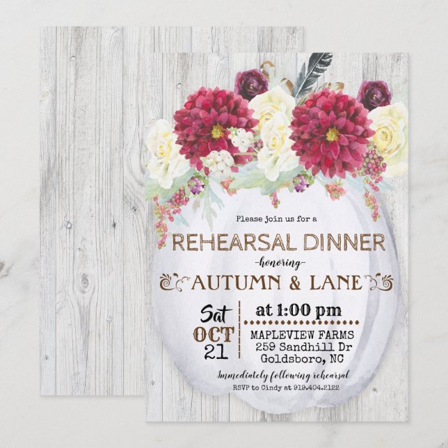 Invitación a la cena del ensayo de otoño rústico (Anverso / Reverso)