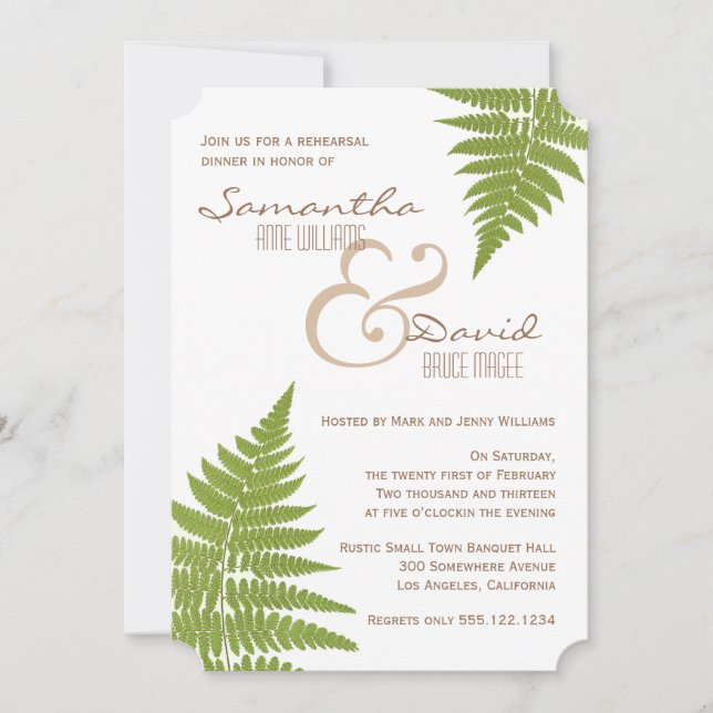 Invitación a la cena del ensayo Fern Boda Woodland (Anverso)