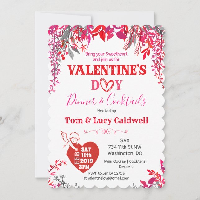 Invitación a la cena El día de San Valentín floral (Anverso)