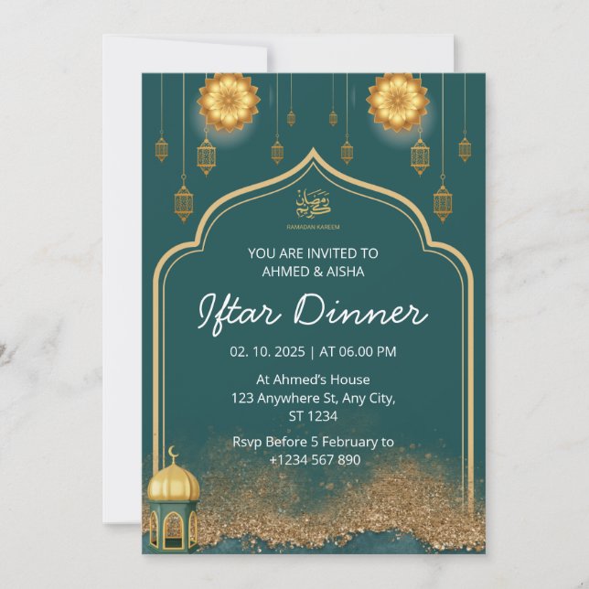 Invitación a la cena Iftar oro verde ramadán (Anverso)