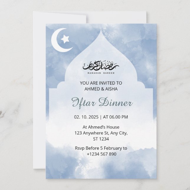Invitación a la cena Iftar ramadan acuarela azul (Anverso)