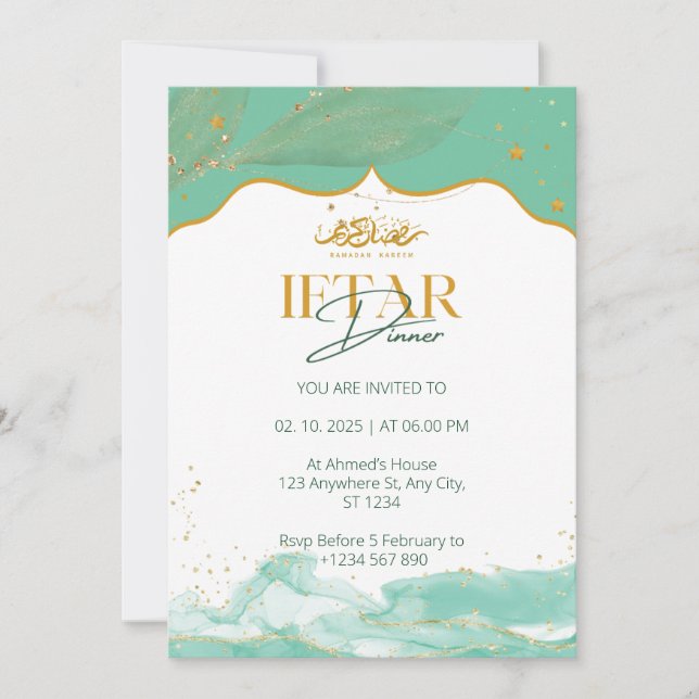 Invitación a la cena Iftar ramadan acuarela verde (Anverso)