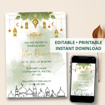 Invitación a la cena Iftar ramadan acuarela verde