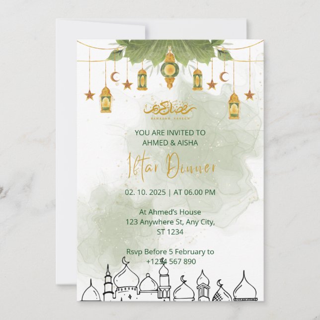 Invitación a la cena Iftar ramadan acuarela verde (Anverso)