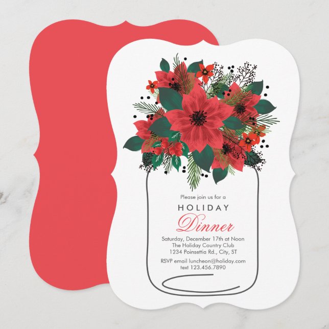 Invitación a la cena navideña de Mason Jar Poinset (Anverso / Reverso)