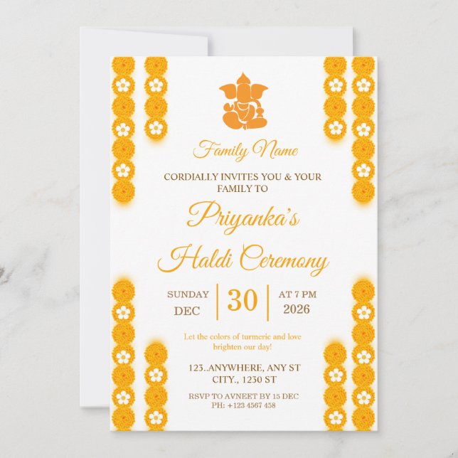 Invitación a la Ceremonia de Haldi de Marigold Ama (Anverso)