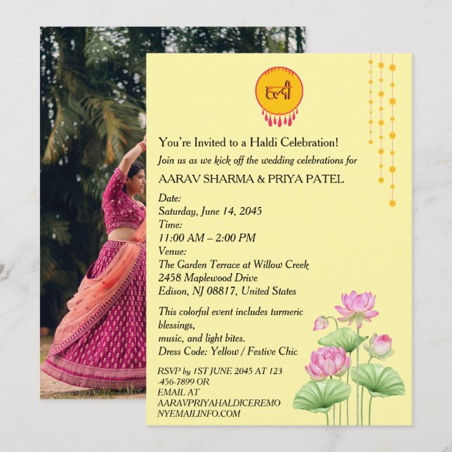 Invitación a la Ceremonia de Haldi India con Foto (Anverso / Reverso)