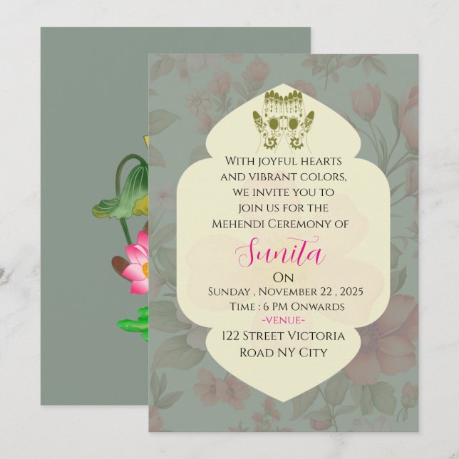 Invitación a la Ceremonia de Mehendi de Boda India (Anverso / Reverso)