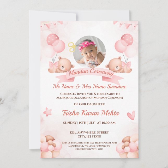 Invitación a la ceremonia de Mundan de niña india (Anverso)