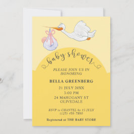Invitación a la cigüeña de Baby Shower amarilla