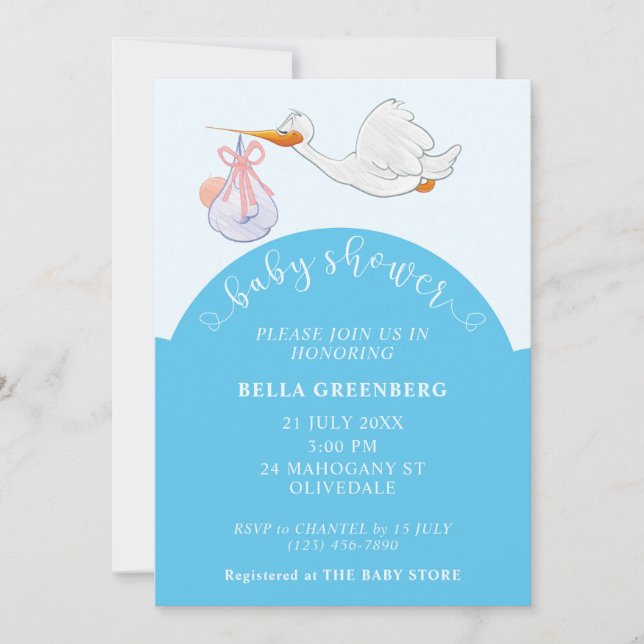 Invitación a la cigüeña de Baby Shower azul (Anverso)
