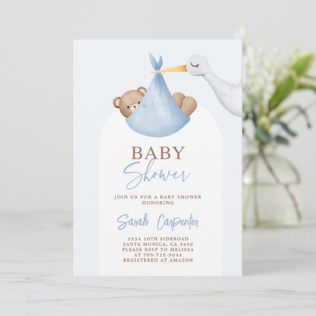 Invitación a la cigüeña de Baby Shower Boy (Anverso de pie)