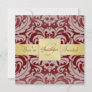 Invitación a la cinta dorada Burgandy Red Damask