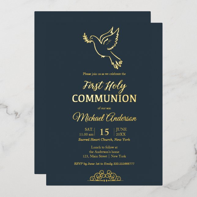 Invitación a la comunión de oro y azul elegante (Anverso/Reverso)