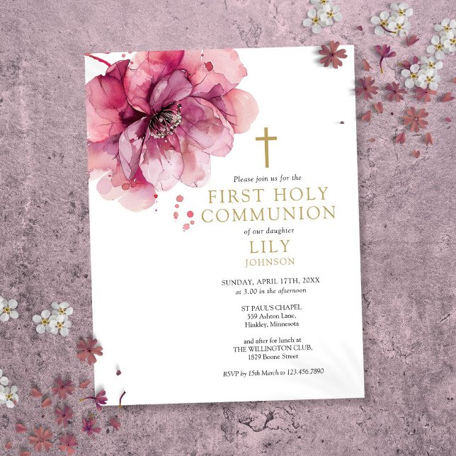 Invitación a la Comunión floral rosa color agua (Watercolor Floral Pink First Holy Communion Invite)