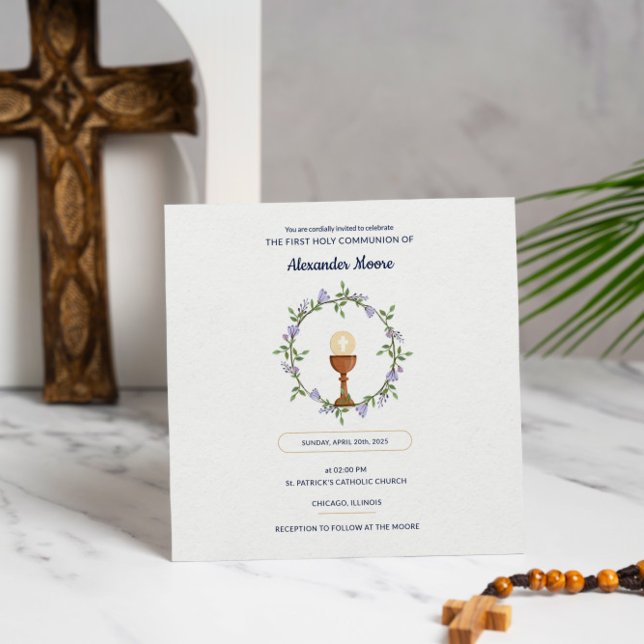Invitación a la comunión personalizado - Diseño Wr (First Communion Invite with Floral Wreath )