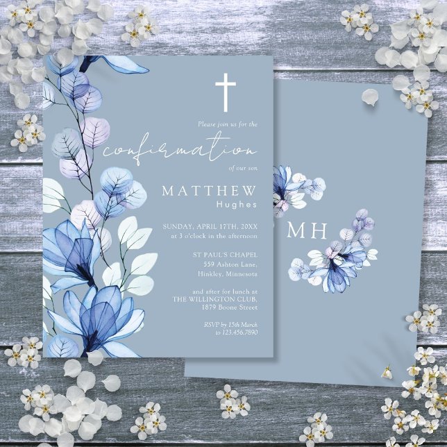 Invitación a la confirmación de Dusty Blue Floral  (Dusty Blue Floral Gold Confirmation Invitation Postcard)