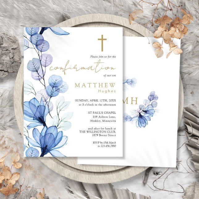 Invitación a la confirmación de Dusty Blue Floral  (Dusty Blue Floral Gold Confirmation Invitation Postcard)
