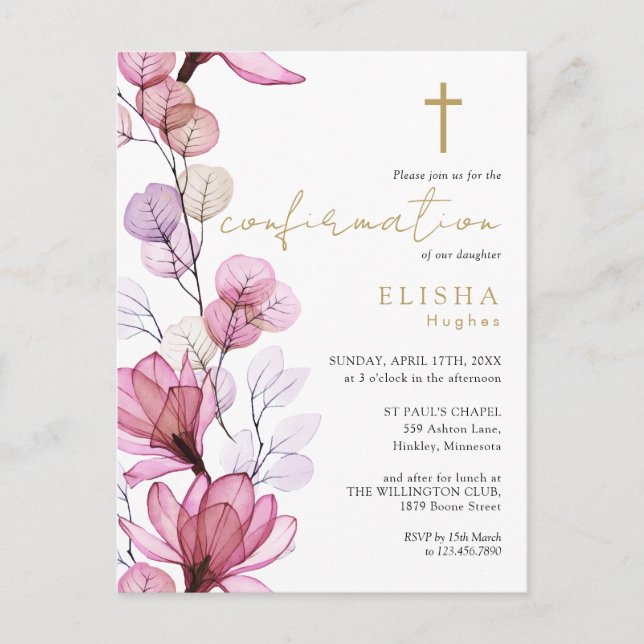 Invitación a la confirmación de Dusty Rosa Floral  (Anverso)