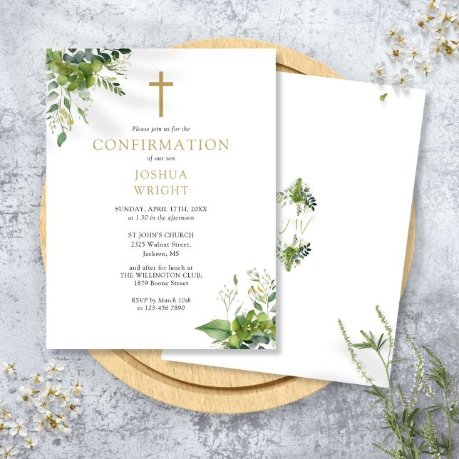 Invitación a la confirmación del monograma de verd (Greenery Monogram Confirmation Invitation Postcard)