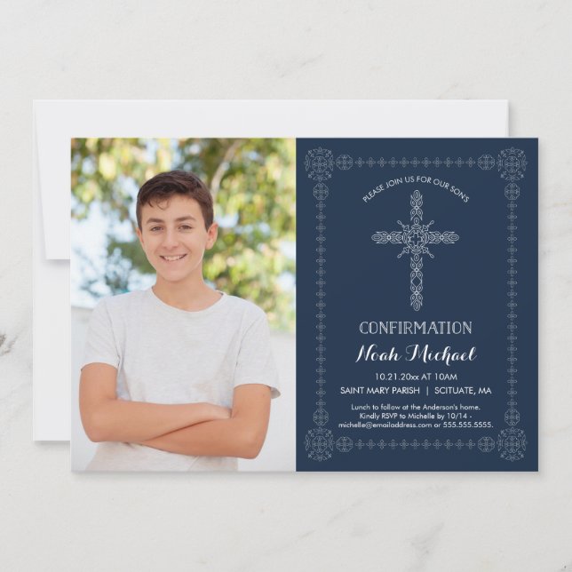 Invitación a la confirmación del niño - Foto con C (Anverso)