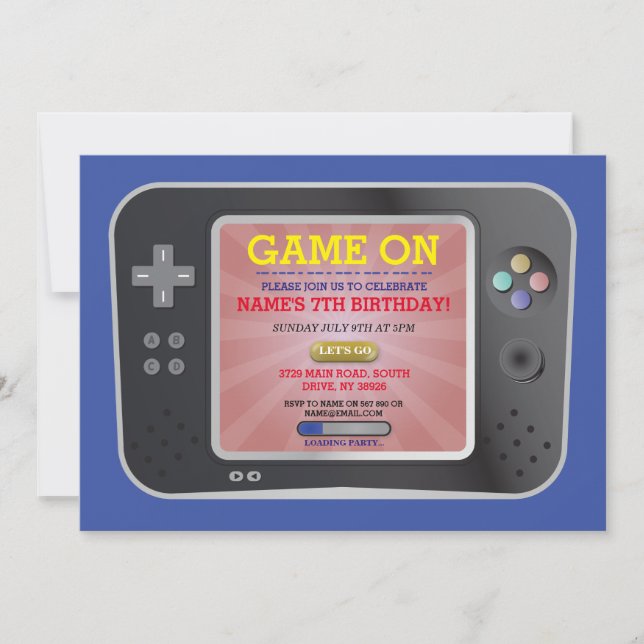 Invitación a la consola del videojuego Birthday Pa (Anverso)