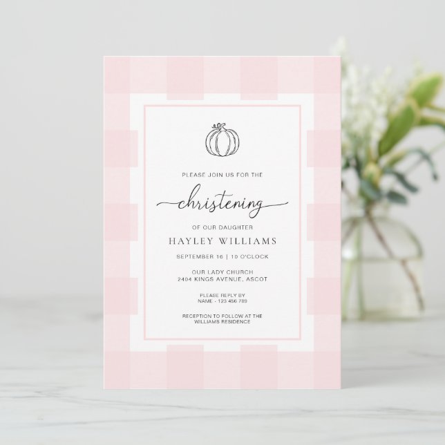 Invitación a la cristiandad de Gingham Pink Pink (Anverso de pie)