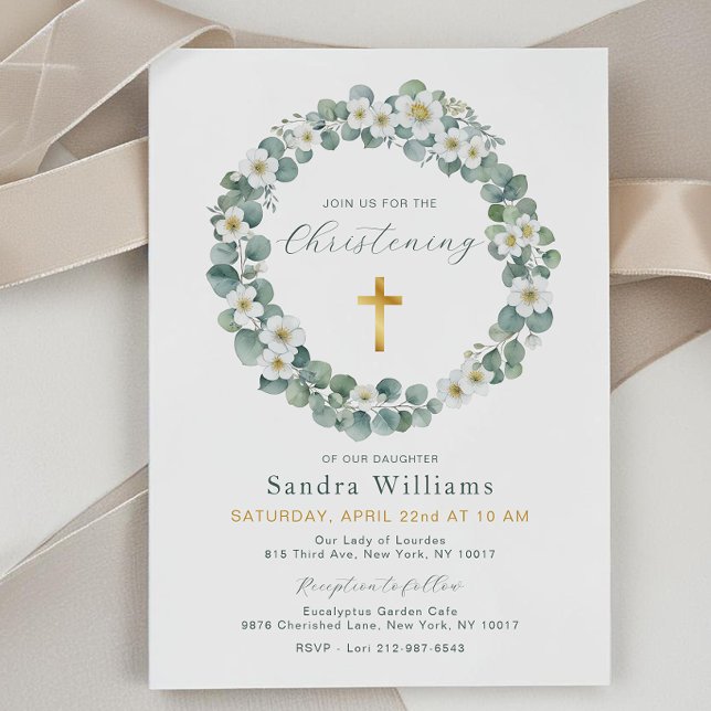 Invitación a la cristiandad de la floral de Eucaly (Eucalyptus Floral Wreath Baptism Invite)