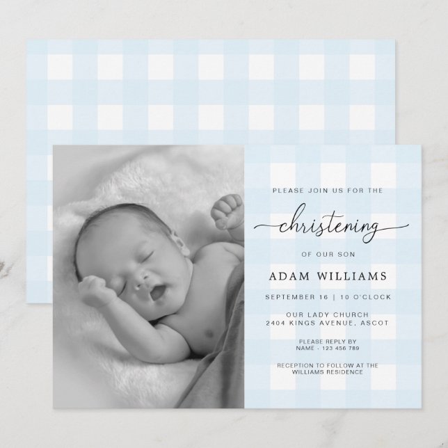 Invitación a la cristiandad de la foto de Gingham  (Anverso / Reverso)