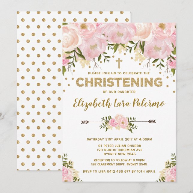 Invitación a la cristiandad floral rosa Bautismo p (Anverso / Reverso)
