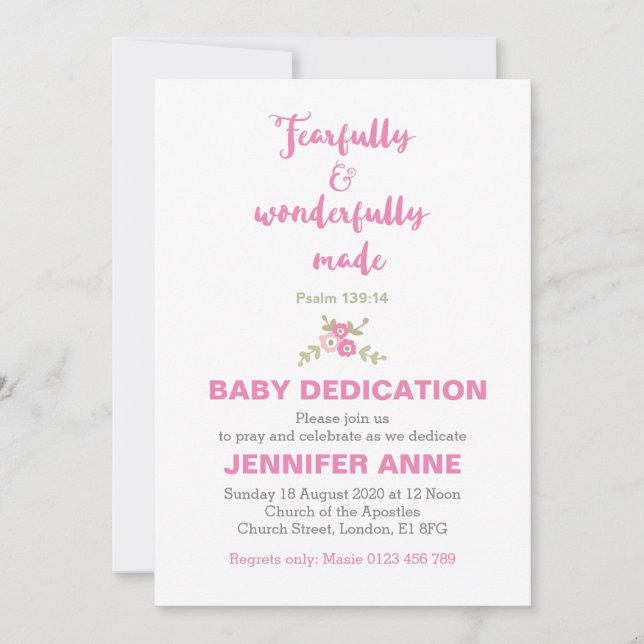 Invitación a la dedicación del bebé con miedo y ma (Anverso)