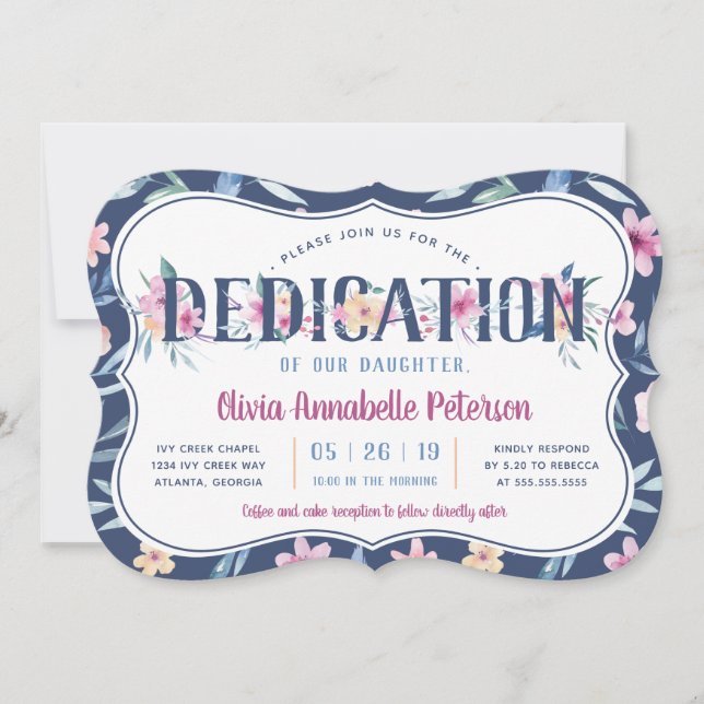 Invitación a la dedicción de bebé floral, primaver (Anverso)