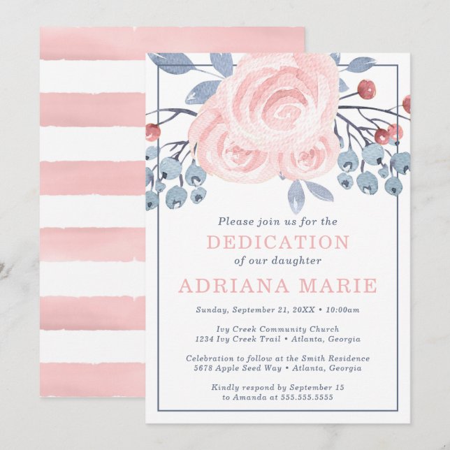 Invitación a la dedicción del bebé, bautismo, flor (Anverso / Reverso)