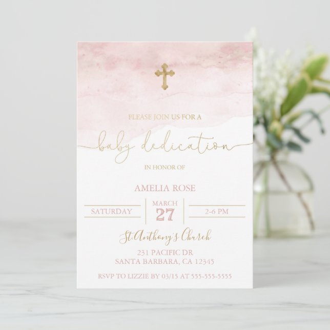 Invitación a la dedicción del bebé rosado y dorado (Anverso de pie)
