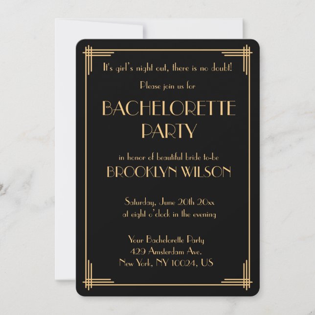 Invitación a la despedida de soltera Art Déco Blac (Anverso)