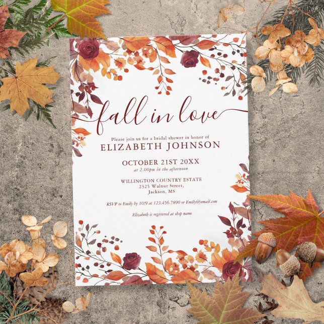 Invitación a la Despedida de Soltera Burgundy Fall (Burgundy Fall In Love Bridal Shower Invitation)