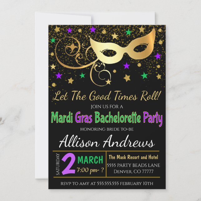 Invitación a la despedida de soltera de Mardi Gras (Anverso)