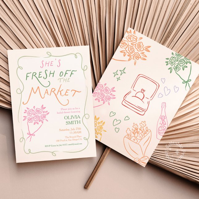 Invitación a la despedida de soltera Fresh off the (fresh off the market bridal shower, bridal shower doodle whimsical)