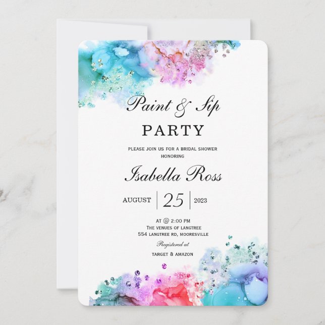 Invitación a la despedida de soltera Paint and Sip (Anverso)
