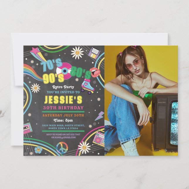 Invitación a la discoteca Retro Birthday 70s 80s 9 (Anverso)