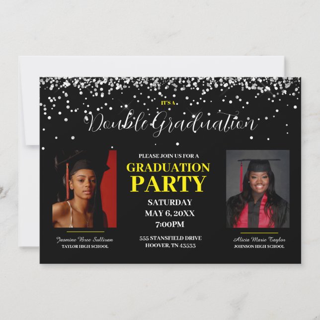Invitación a la doble graduación en negro y amaril (Anverso)