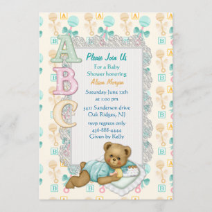 Invitación a la ducha ABC Teddy - Peach y Aqua