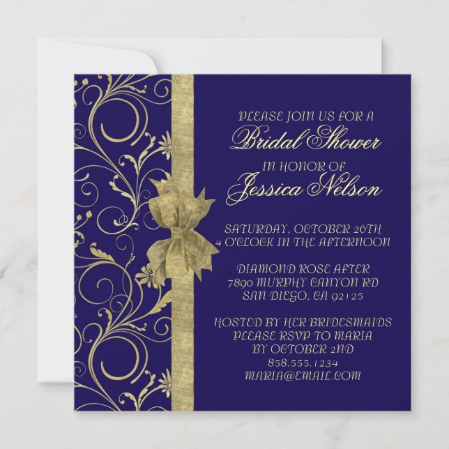 Invitación a la ducha azul Damask con cinta de oro