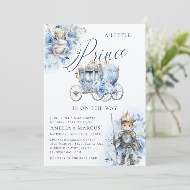 Invitación a la ducha azul de un pequeño príncipe  (Anverso de pie)