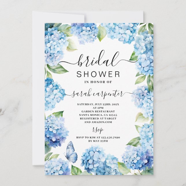 Invitación a la ducha azul Hydrangea Bridal (Anverso)