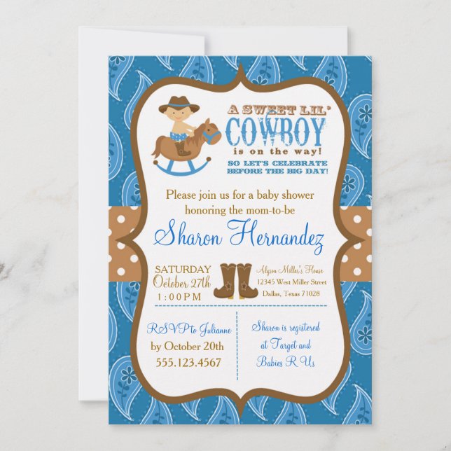 Invitación a la ducha Blue Cowboy Baby Boy (Anverso)